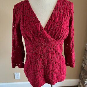 INC International Concepts crimson red lace long sleeve v-neck size M